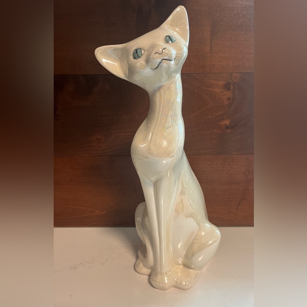 MCM Glazed Opalescent White Ceramic Cat Sculpture